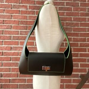 Classic Black Shoulder Bag with Lime Green Trim